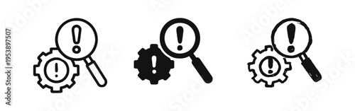 Troubleshooting Error Icon Set - Magnifying Glass, Gear, and Exclamation Mark Symbol