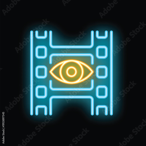 Bright neon icon of a movie filmstrip with an eye in the center, representing concepts like surveillance and espionage