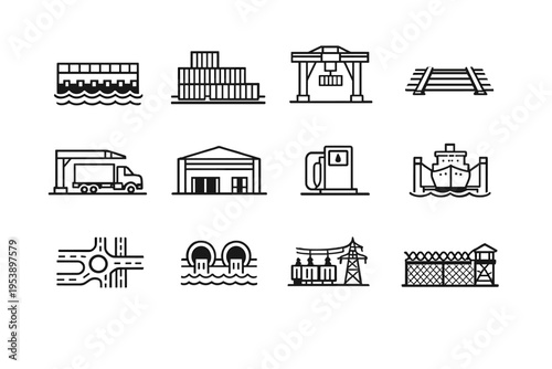 Port Infrastructure. Line outline icon set of Port Infrastructure: quay wall, container yard