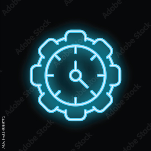 Neon blue clock face is merging with a cogwheel shape clock mechanism, representing the concept of time management