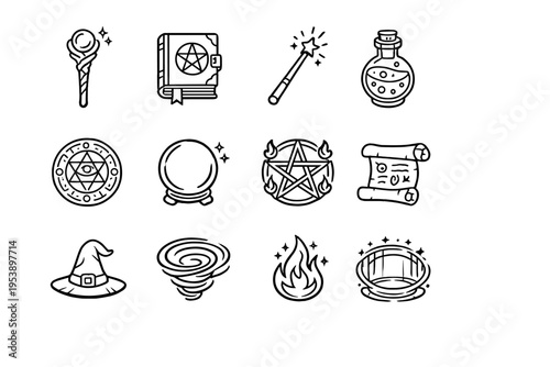 Magic and Sorcery. Line outline icon set of Magic and Sorcery: wizard staff, spell book