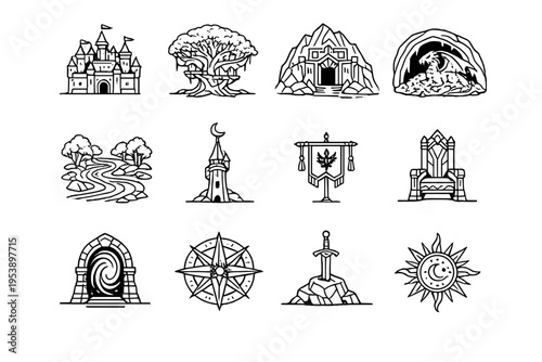 High Fantasy Realms. Line outline icon set of High Fantasy Realms: royal fantasy castle,
