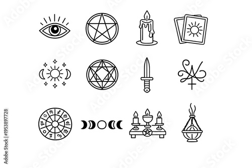 Occult Icon Collection. Occult and Esoteric Arts. Line outline icon set of Occult and Esoteric Arts: occult
