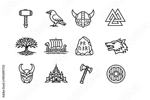 Norse Mythology. Line outline icon set of Norse Mythology: Thor hammer Mjolnir, Odin raven,
