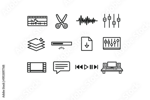 Post Production and Editing. Line outline icon set of Post Production and Editing: video