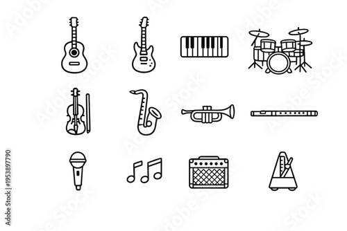 Musical Instruments Icons. Music Instruments. Line outline icon set of Music Instruments: acoustic guitar,