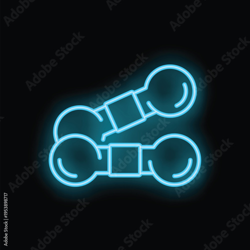 Blue neon icon of two dumbbells glowing on a dark wall