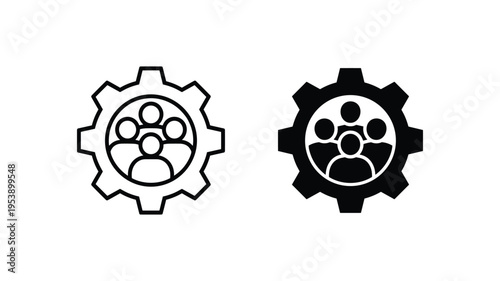 Business team management icon inside gear symbol representing collective workflow
