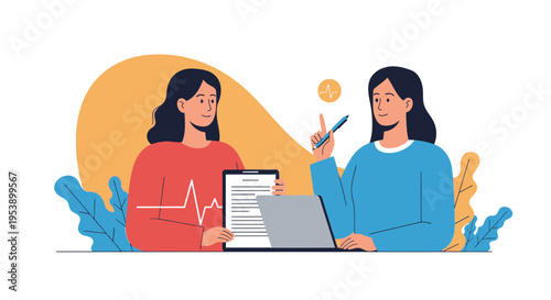 Two women discussing a contract one holding a tablet and the other a pen with a laptop open between them.