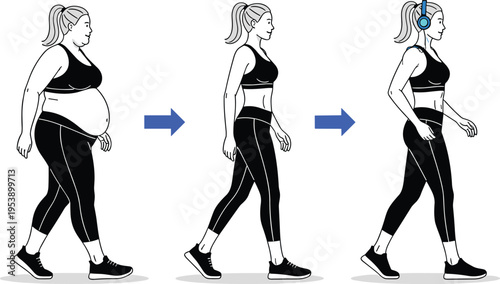 Woman Weight Loss Transformation Walking Fitness Progress Healthy Lifestyle Vector Illustration