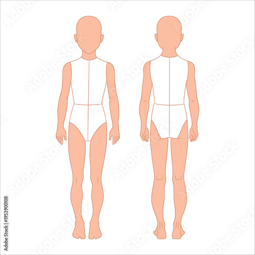Toddler fashion design template featuring a young boy's body croquis in front and back views. Clean vector  illustration perfect for toddler clothing designers, children's fashion sketching