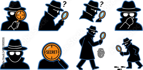 Spy and Detective Character Icon Set – Secret Agent Silhouette with Magnifying Glass, Fingerprint and Mystery Elements Vector Collection