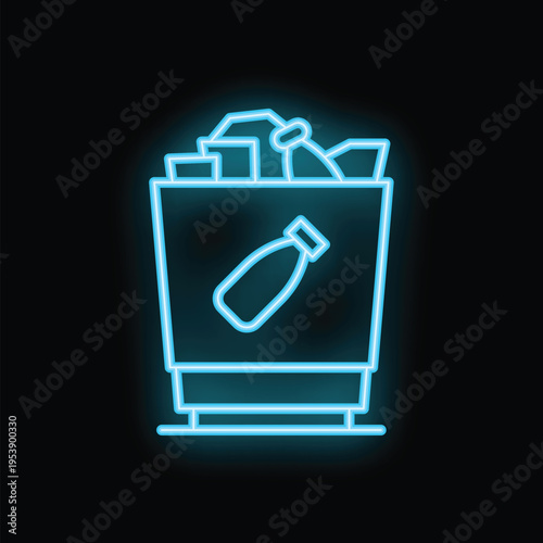 Bright blue neon icon of a trash bin overflowing with trash, set on a black background
