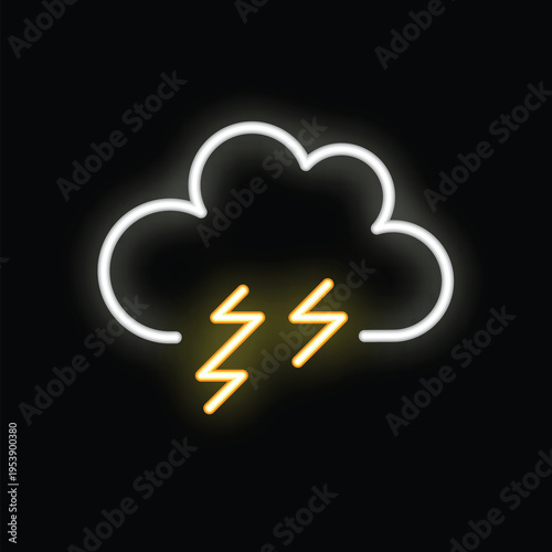 Glowing neon icon of cloud with lightning striking on black background representing stormy weather