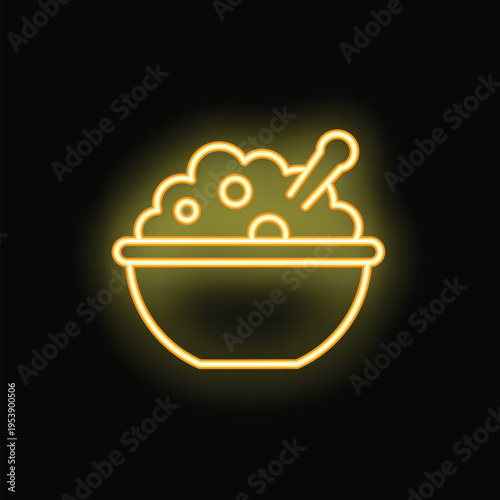 Yellow neon glowing symbol of a bowl full of hummus with two toothpicks