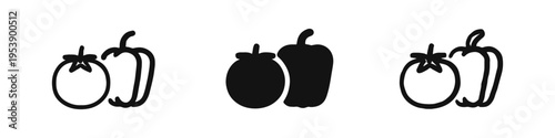 Tomato and bell pepper icons in outline, solid, and hand-drawn styles for healthy food concepts.