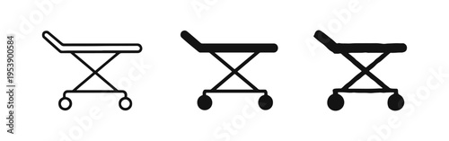 Hospital stretcher and gurney icons in outline, solid, and hand-drawn styles for medical transport.