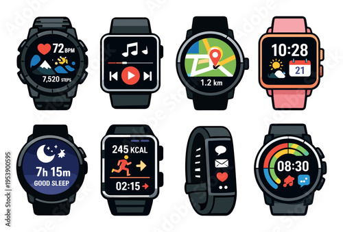 Smartwatches displaying various digital applications and icons for health, fitness, GPS, music, messages, and sleep tracking