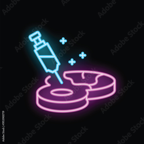 Neon sign depicting a syringe injecting hormones into a piece of meat, representing the concept of genetically modified food