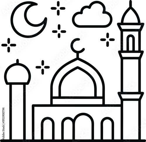 Simple line drawing of a mosque under a crescent moon and stars