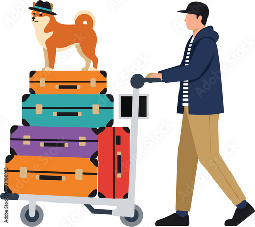 Traveler Man Pushing Luggage Cart with Suitcases and Dog Airport Travel Vector Illustration