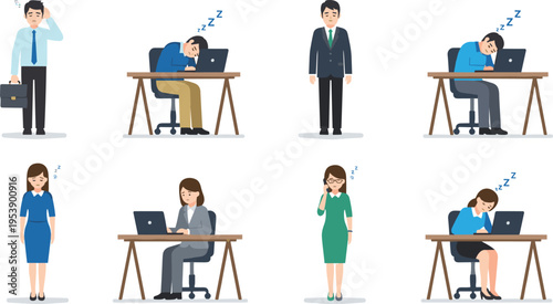 Tired Office Workers Feeling Sleepy and Exhausted at Work Desk Business Fatigue Vector Illustration Set