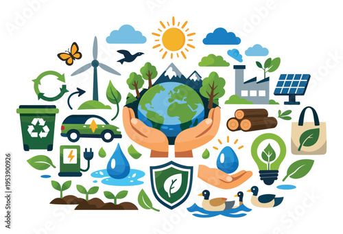 Hands cradling the planet surrounded by illustrations of nature, recycling, solar panels, wind turbine, and eco-friendly elements