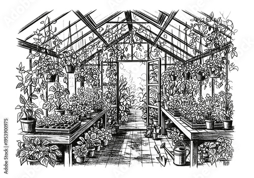 Lush greenhouse interior filled with potted plants and gardening tools, black and white sketch