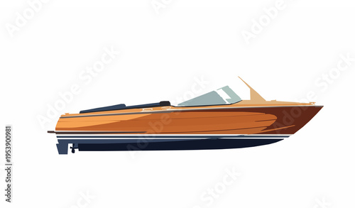 Schilderij op canvas Elegant Flat Classic Runabout Motorboat Side Profile Vector with Wooden Hull Min