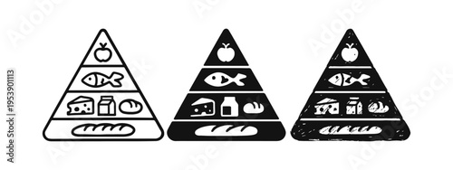 Food pyramid icons in outline, solid, and hand-drawn styles for healthy eating and nutrition.