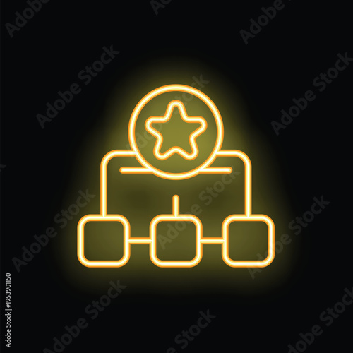 Bright yellow neon icon of a star leading a network marketing scheme on a black background
