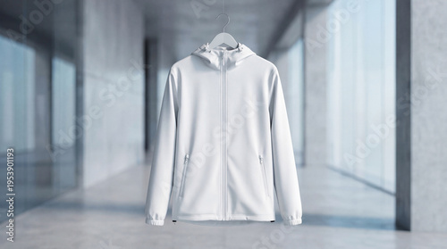 Hoodie Mockup of Blank White Apparel Hanging in Modern Bright Interior