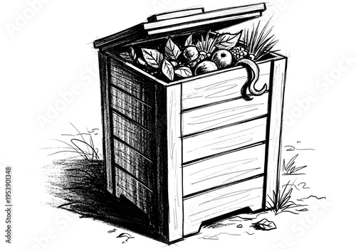 Hand-drawn illustration of a wooden compost bin filled with organic waste and produce