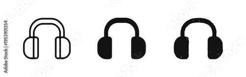 Headphones music device icons in outline, solid, and hand-drawn styles for audio entertainment.