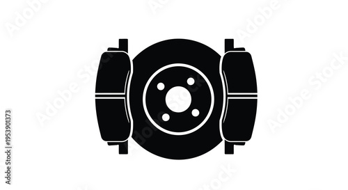 A black and white illustration depicts a vehicle disc brake system with pads and rotor