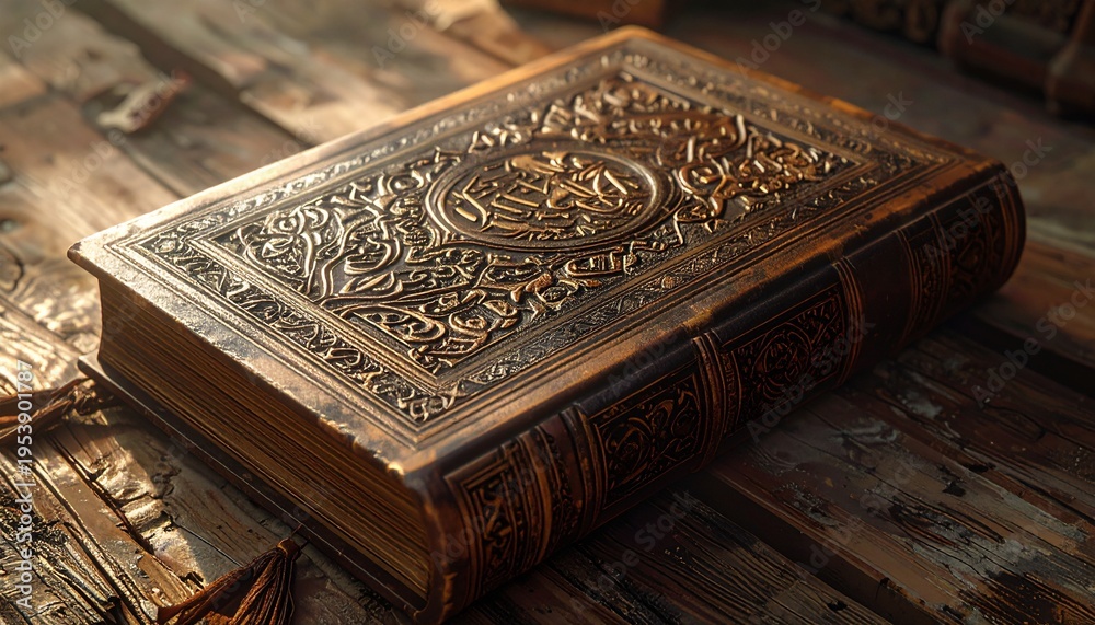 Fototapeta premium Ornate Antique Book on Wooden Surface with Intricate Cover Design.