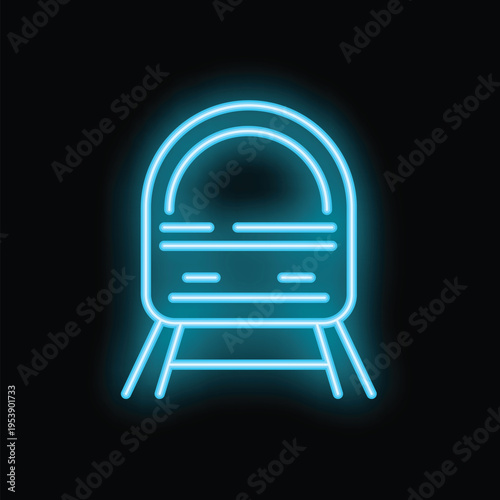 Bright neon train icon glowing on a dark background, representing concepts of public transportation, travel, and urban commuting
