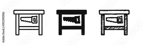 Sawhorse and Hand Saw Icon Set for Carpentry and Woodworking