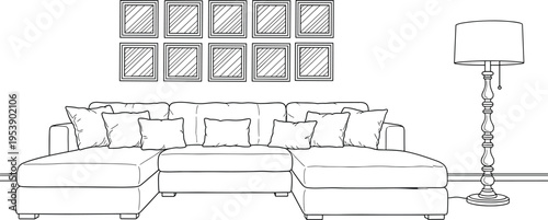 Modern comfortable sectional sofa with pillows, gallery wall frames, and elegant floor lamp in minimalist living room interior, vector illustration.