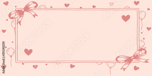 Romantic hand-drawn frame with hearts and ribbons on a soft pink pastel background, perfect for Valentine's Day cards and wedding invitations