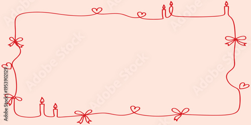 Romantic Hand-Drawn Red Line Art Frame with Hearts, Ribbons, and Candles on Pink. Elegant decorative border template for Valentine's Day, wedding invitations, and greeting cards