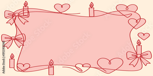Romantic Valentine Decorative Frame with Hand Drawn Red Line Art Hearts, Ribbons, and Candles on Soft Pink Pastel – Elegant Love Card Border Template for Greetings