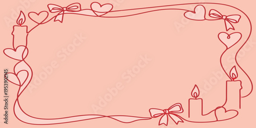Romantic Valentine's Day Frame Design with Hand-Drawn Hearts, Ribbons, and Candles on a Soft Pink Background, Ideal for Love Cards and Invitations
