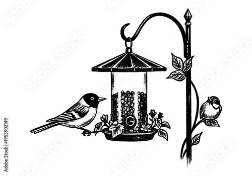 Charming black and white illustration of birds gathered around a seed feeder in a garden setting