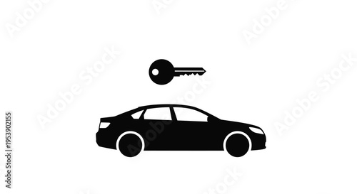 A simple black silhouette depicts a sedan automobile with a car key floating above it