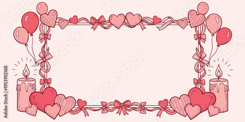 Romantic hand-drawn frame with hearts, ribbons, balloons, and candles in soft pink pastel. Elegant border template for love cards, wedding invitations, and festive greetings