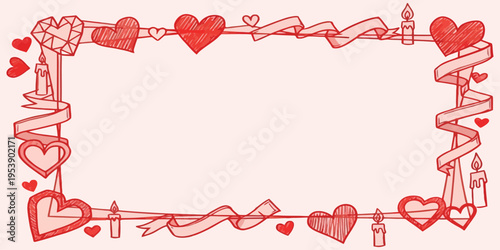 Elegant Hand-Drawn Romantic Frame with Red Hearts, Flowing Ribbons, and Glowing Candles on a Soft Pink Background, perfect for Valentine's Day Cards and Wedding Invitations