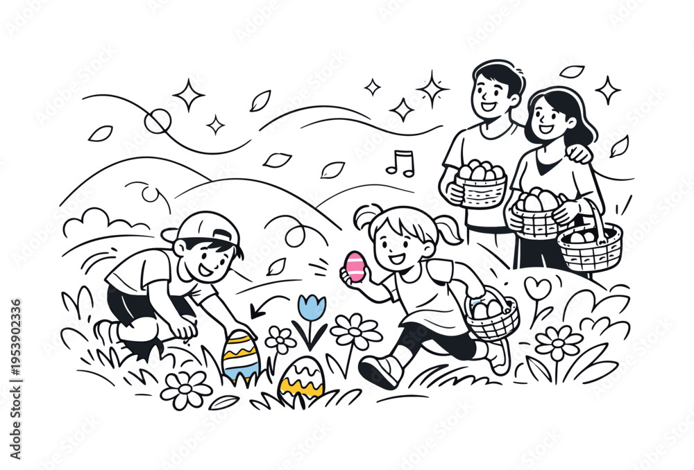 Naklejka premium Easter Sunday Family Fun. Children happily searching Easter eggs around blooming flowers while parents hold