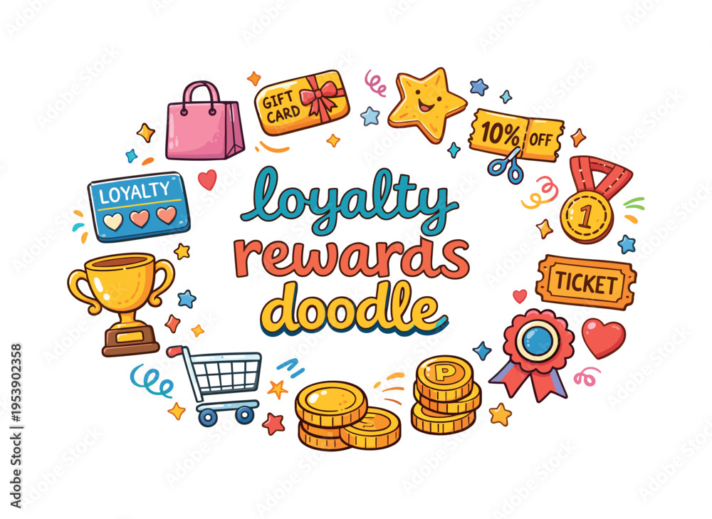 Naklejka premium loyalty rewards doodle. Hand drawn illustration of loyalty rewards doodle. shopping bag, gift card, star badge
