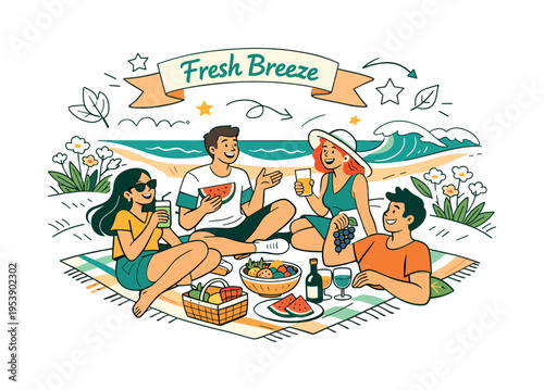 Beach Picnic Escape. Friends relaxing on a blanket near blooming coastal grass, enjoying fruit and drinks